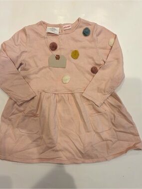 🎀 NWOT Zara Baby Powder Pink Pom-Pom Long Sleeve Dress Size 18-24 M